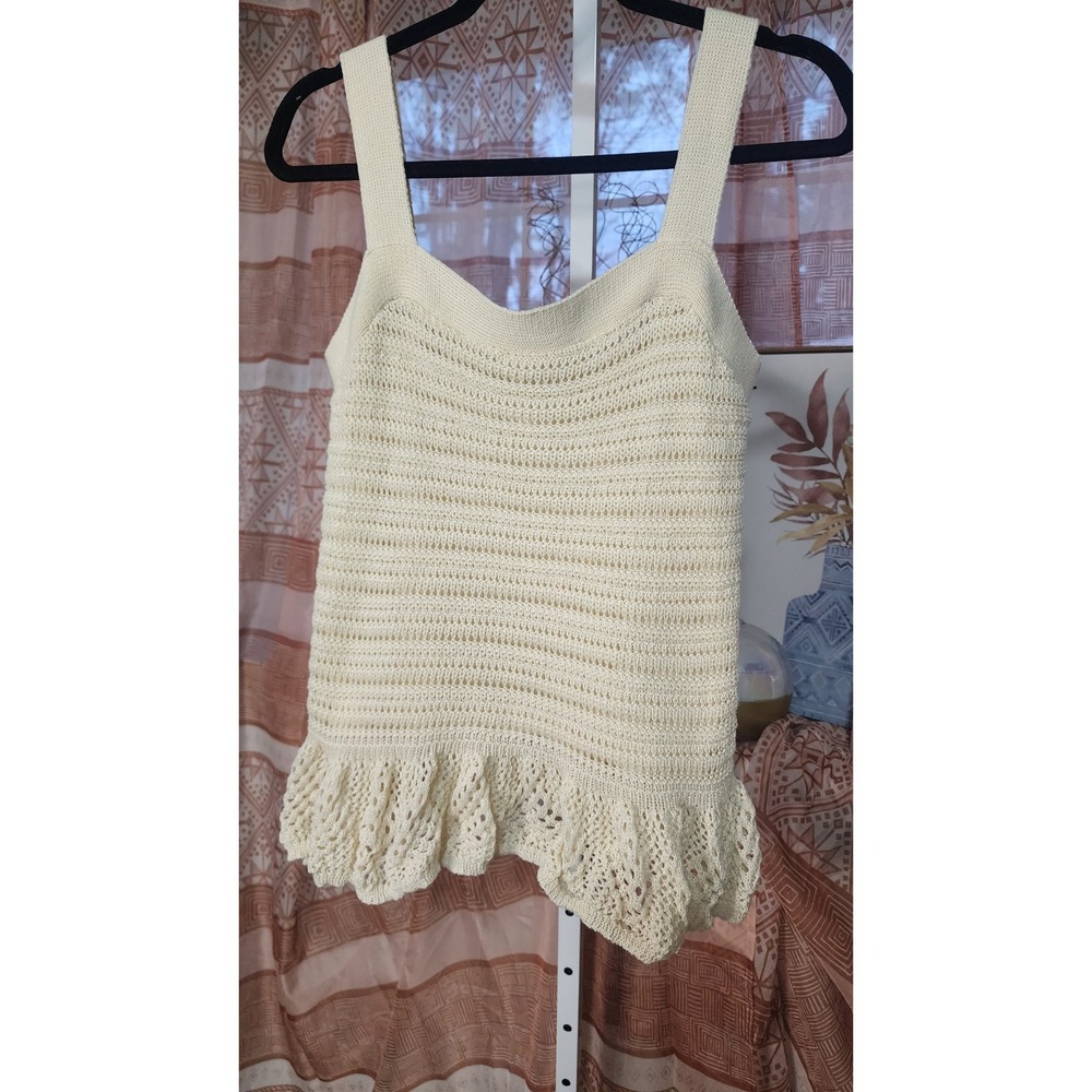 Davi & Dani Cream Pointelle Knit Peplum Tank Top Ivory Ruffle Hem Large